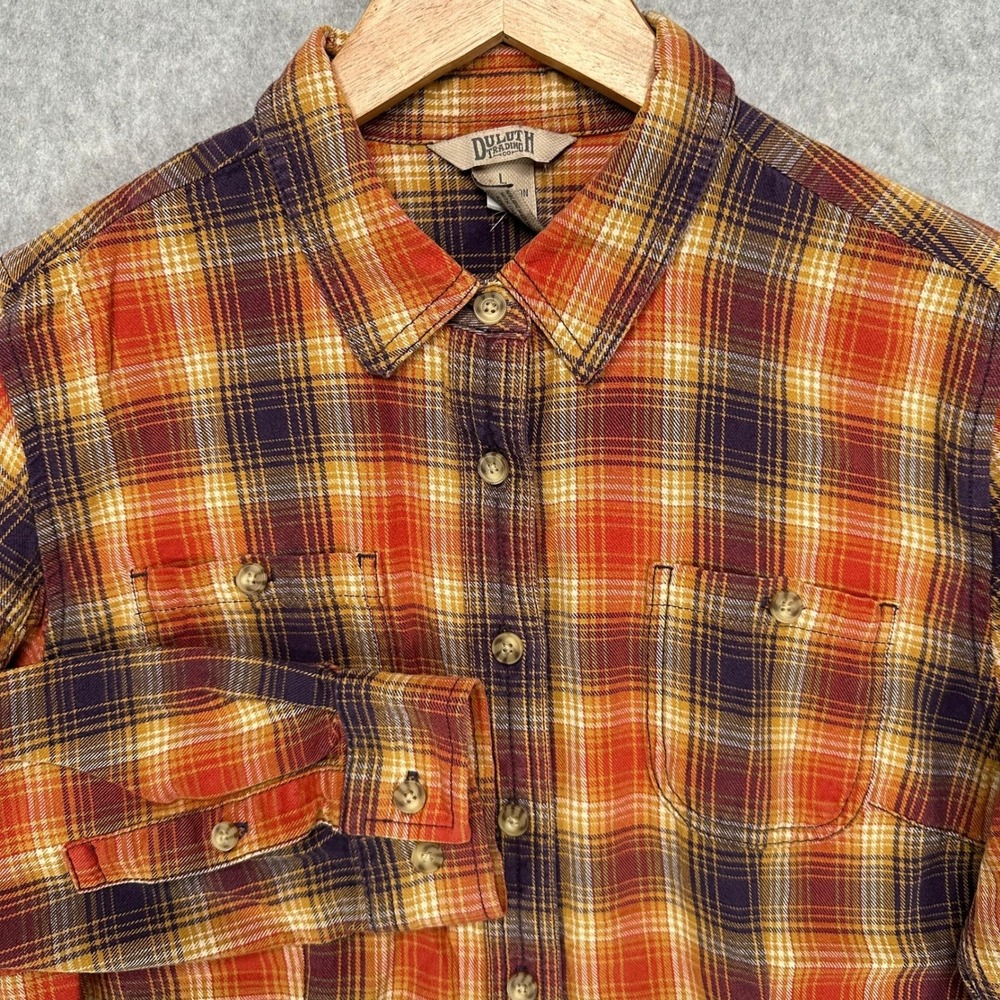 Duluth Trading Co Plaid Flannel Shirt Orange Purple Yellow Long Sleeve Women's L